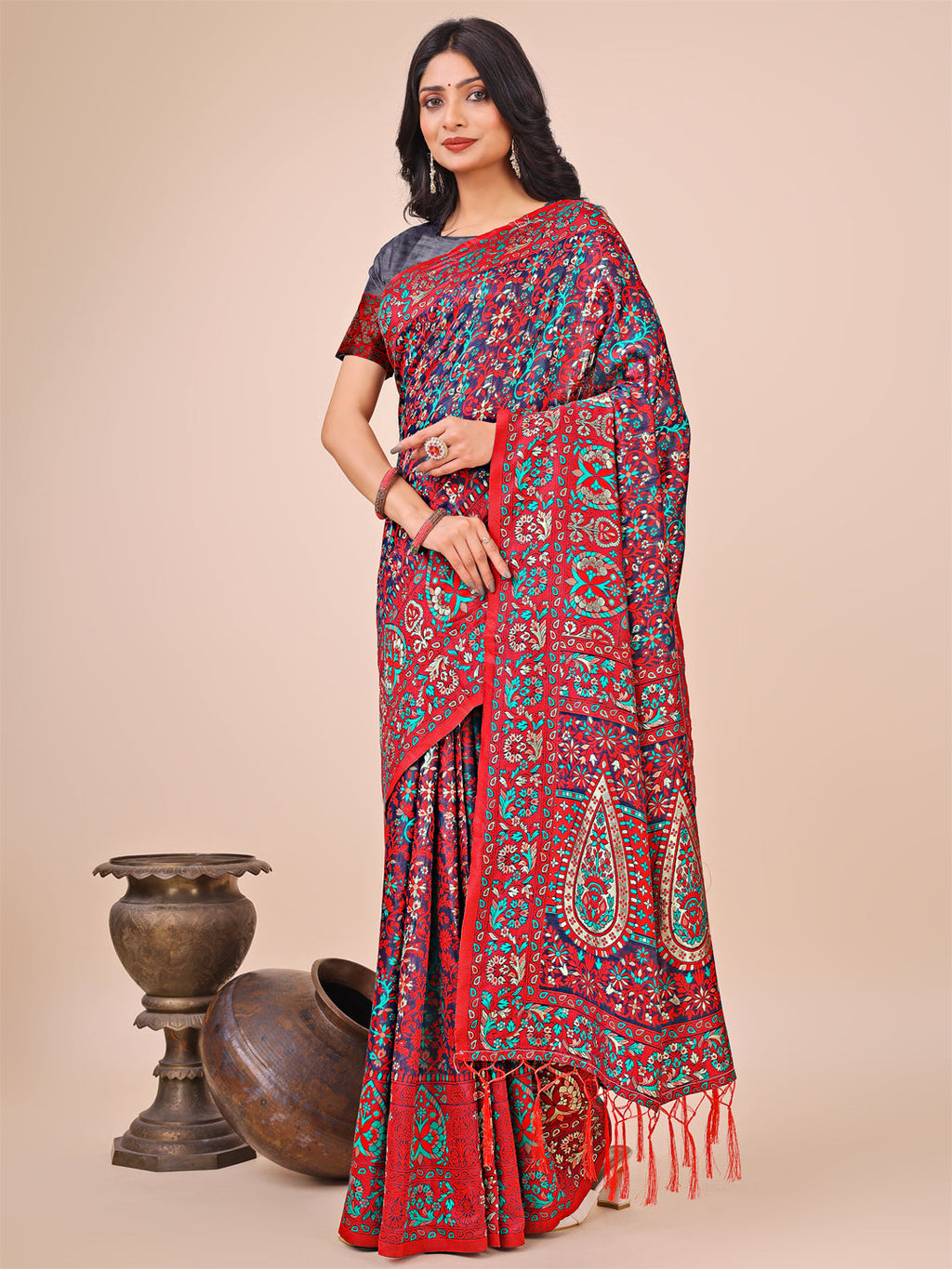 Shree Shyam Fashion Elegant Pink Jacquard Linen Cotton Saree with Traditional Multicolor Weave & Tassel Pallu - Festive & Casual Wear for Women | Grocsy