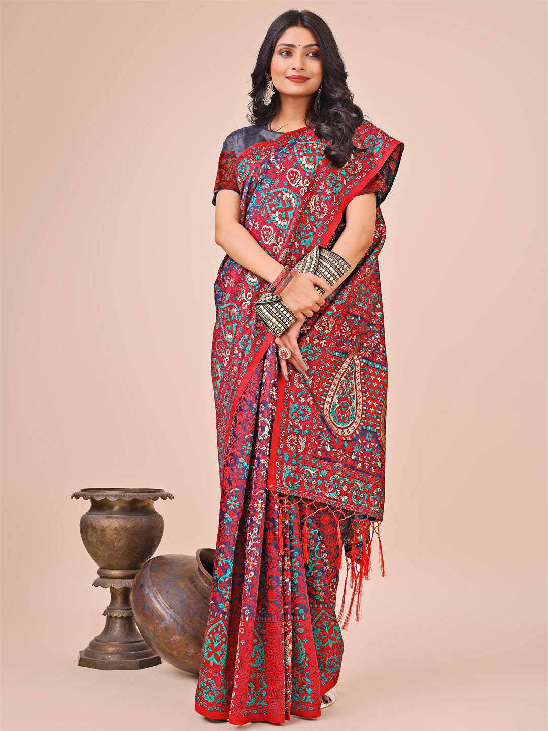 Shree Shyam Fashion Elegant Pink Jacquard Linen Cotton Saree with Traditional Multicolor Weave & Tassel Pallu - Festive & Casual Wear for Women | Grocsy