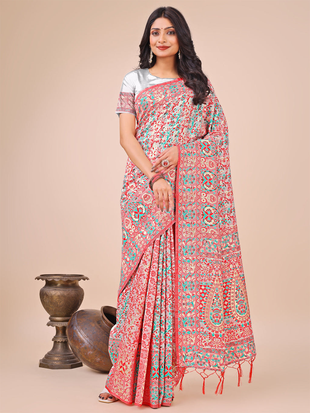 Shree Shyam Fashion Elegant White Jacquard Linen Cotton Saree with Traditional Multicolor Weave & Tassel Pallu - Festive & Casual Wear for Women | Grocsy