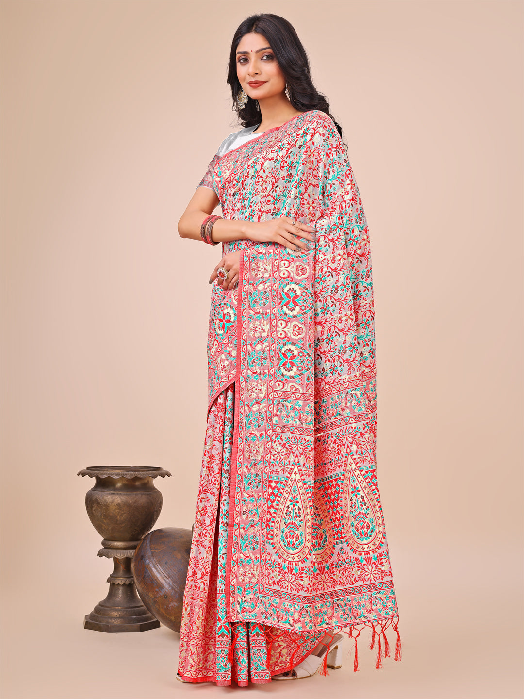 Shree Shyam Fashion Elegant White Jacquard Linen Cotton Saree with Traditional Multicolor Weave & Tassel Pallu - Festive & Casual Wear for Women | Grocsy