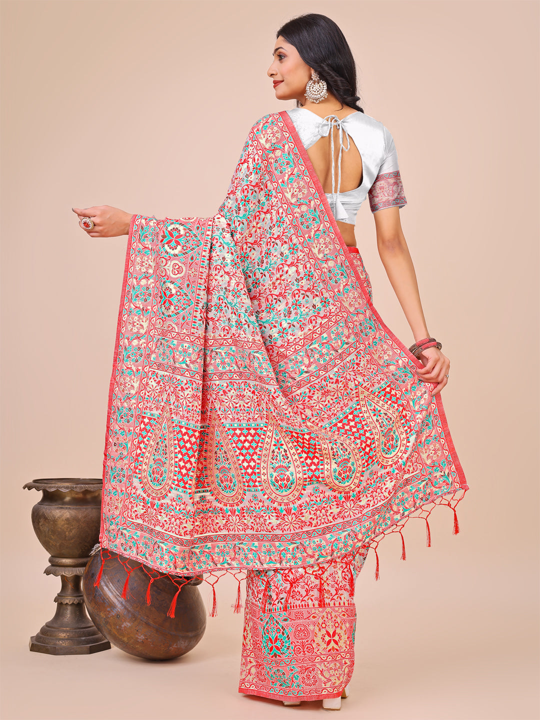 Shree Shyam Fashion Elegant White Jacquard Linen Cotton Saree with Traditional Multicolor Weave & Tassel Pallu - Festive & Casual Wear for Women | Grocsy