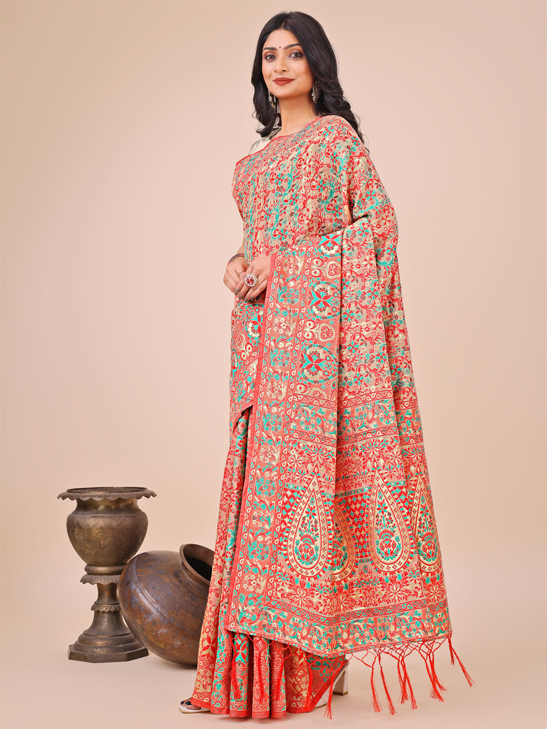 Shree Shyam Fashion Elegant Cream Jacquard Linen Cotton Saree with Traditional Multicolor Weave & Tassel Pallu - Festive & Casual Wear for Women | Grocsy