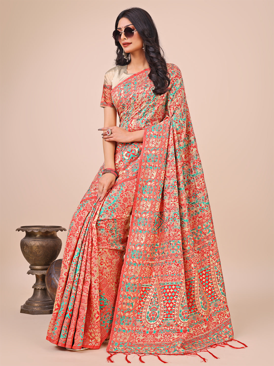 Shree Shyam Fashion Elegant Cream Jacquard Linen Cotton Saree with Traditional Multicolor Weave & Tassel Pallu - Festive & Casual Wear for Women | Grocsy