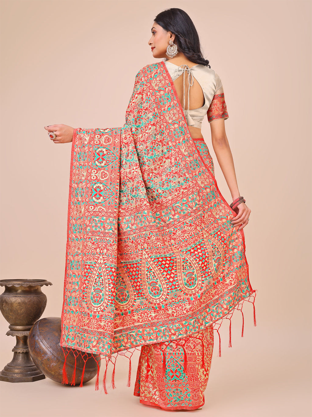 Shree Shyam Fashion Elegant Cream Jacquard Linen Cotton Saree with Traditional Multicolor Weave & Tassel Pallu - Festive & Casual Wear for Women | Grocsy