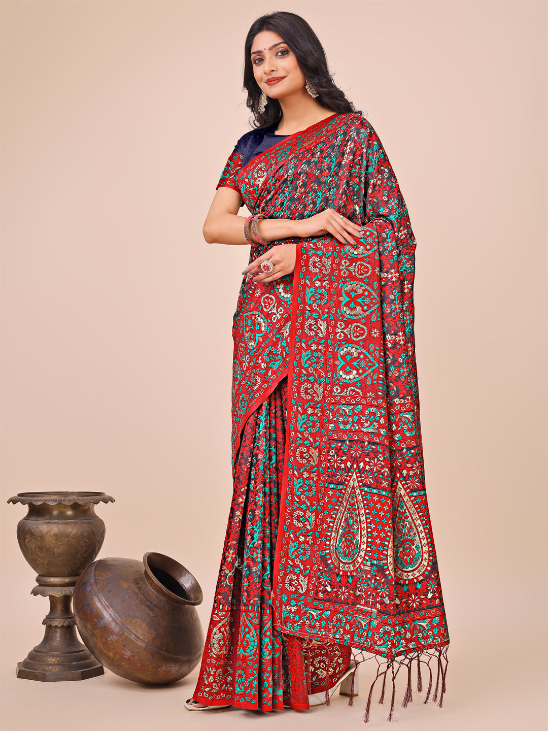 Shree Shyam Fashion Elegant Red Jacquard Linen Cotton Saree with Traditional Multicolor Weave & Tassel Pallu - Festive & Casual Wear for Women | Grocsy