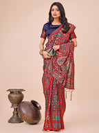 Shree Shyam Fashion Elegant Red Jacquard Linen Cotton Saree with Traditional Multicolor Weave & Tassel Pallu - Festive & Casual Wear for Women | Grocsy