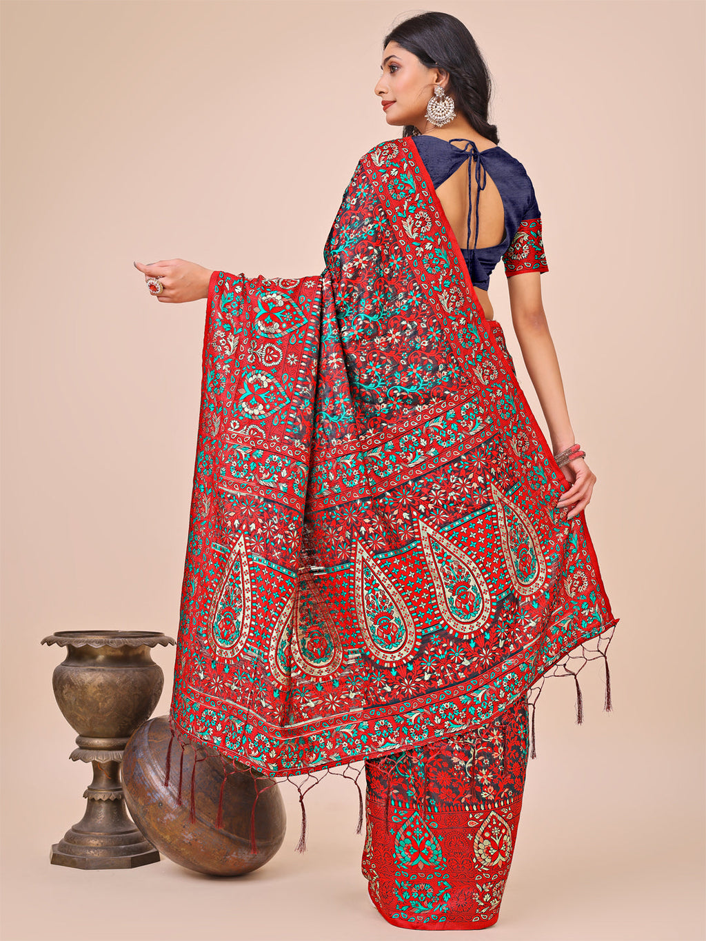 Shree Shyam Fashion Elegant Red Jacquard Linen Cotton Saree with Traditional Multicolor Weave & Tassel Pallu - Festive & Casual Wear for Women | Grocsy