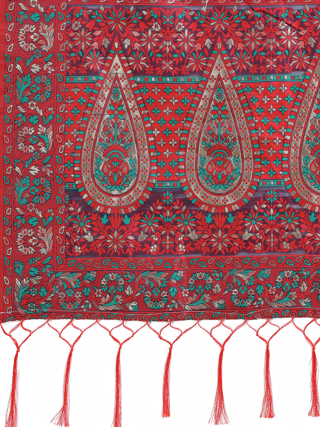 Shree Shyam Fashion Elegant Red Jacquard Linen Cotton Saree with Traditional Multicolor Weave & Tassel Pallu - Festive & Casual Wear for Women | Grocsy