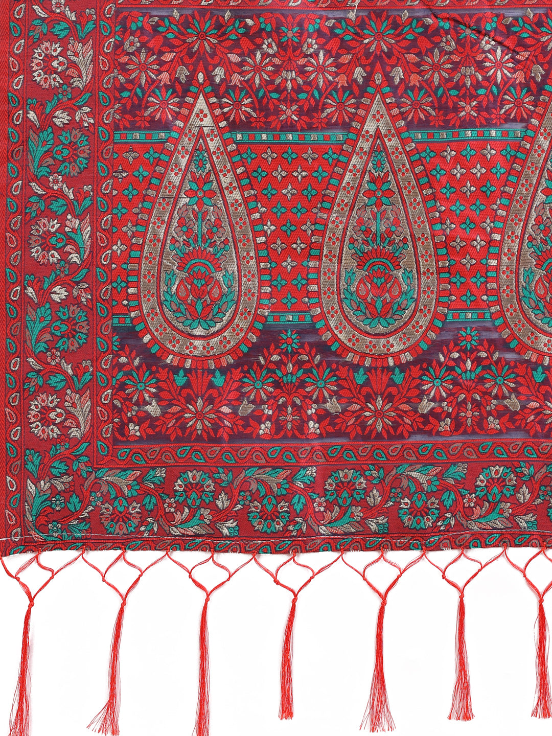 Shree Shyam Fashion Elegant Red Jacquard Linen Cotton Saree with Traditional Multicolor Weave & Tassel Pallu - Festive & Casual Wear for Women | Grocsy