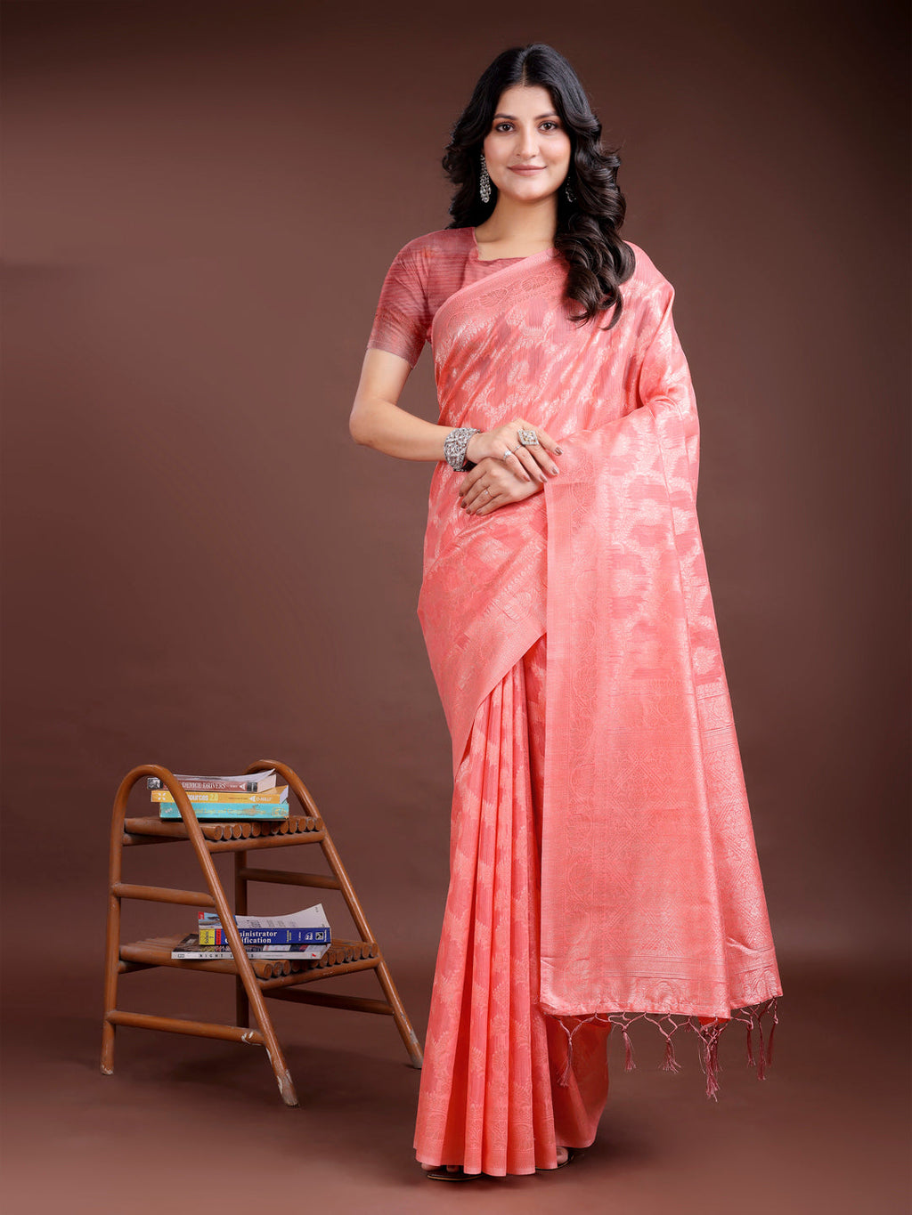 Shree Shyam Fashion Peach Linen Cotton Woven Zari Work Traditional Tassel Saree | Grocsy