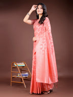 Shree Shyam Fashion Peach Linen Cotton Woven Zari Work Traditional Tassel Saree | Grocsy