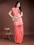 Shree Shyam Fashion Peach Linen Cotton Woven Zari Work Traditional Tassel Saree | Grocsy