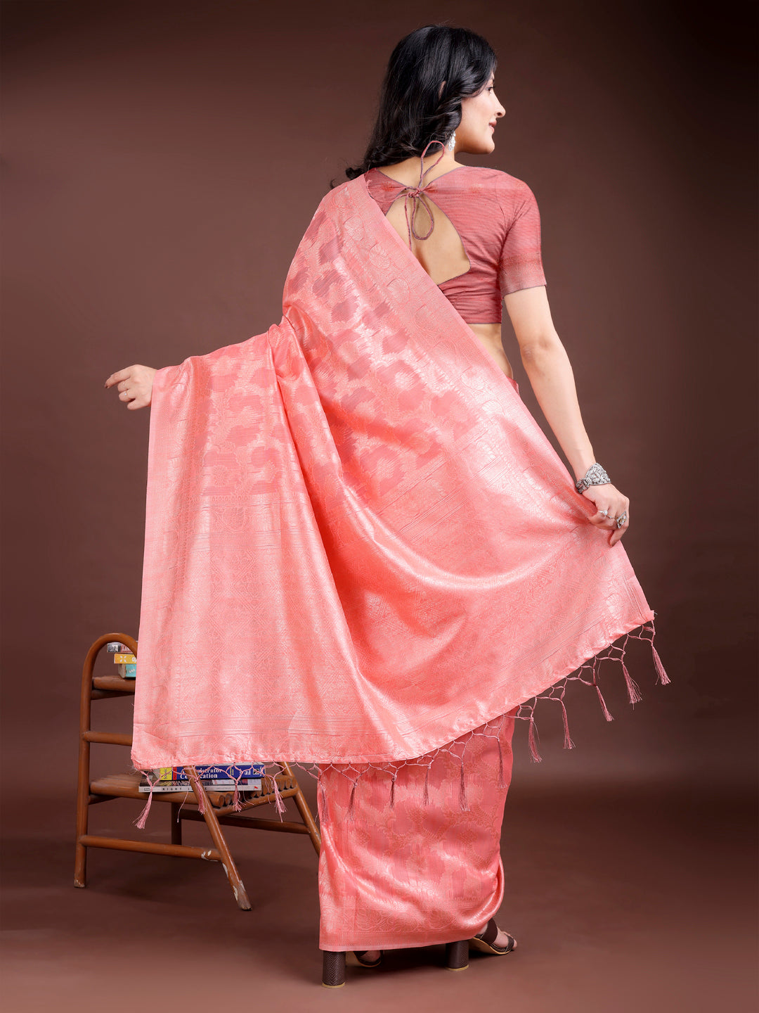 Shree Shyam Fashion Peach Linen Cotton Woven Zari Work Traditional Tassel Saree | Grocsy