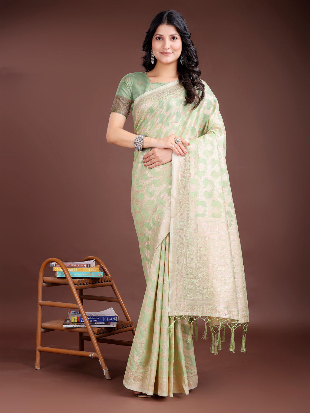 Shree Shyam Fashion Light Green Linen Cotton Woven Zari Work Traditional Tassel Saree | Grocsy