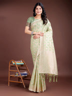 Shree Shyam Fashion Light Green Linen Cotton Woven Zari Work Traditional Tassel Saree | Grocsy