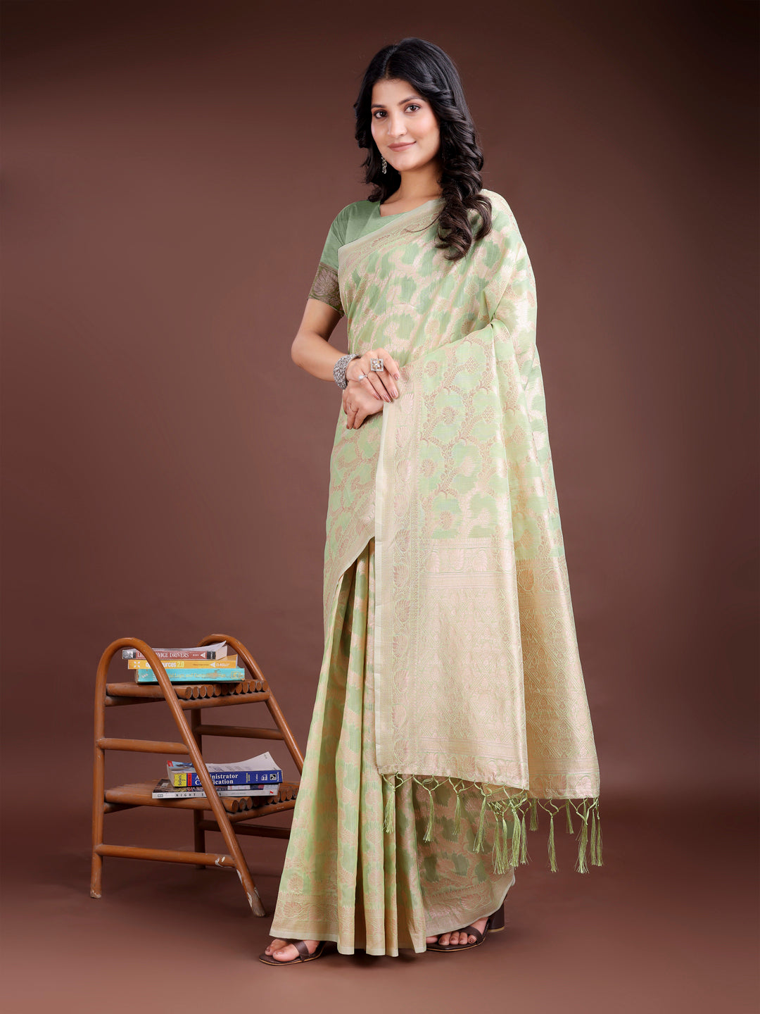 Shree Shyam Fashion Light Green Linen Cotton Woven Zari Work Traditional Tassel Saree | Grocsy