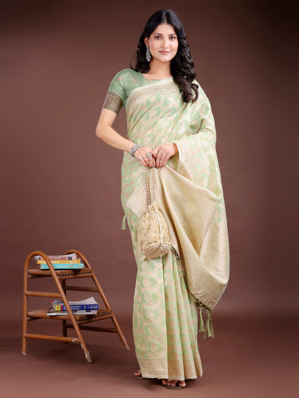 Shree Shyam Fashion Light Green Linen Cotton Woven Zari Work Traditional Tassel Saree | Grocsy