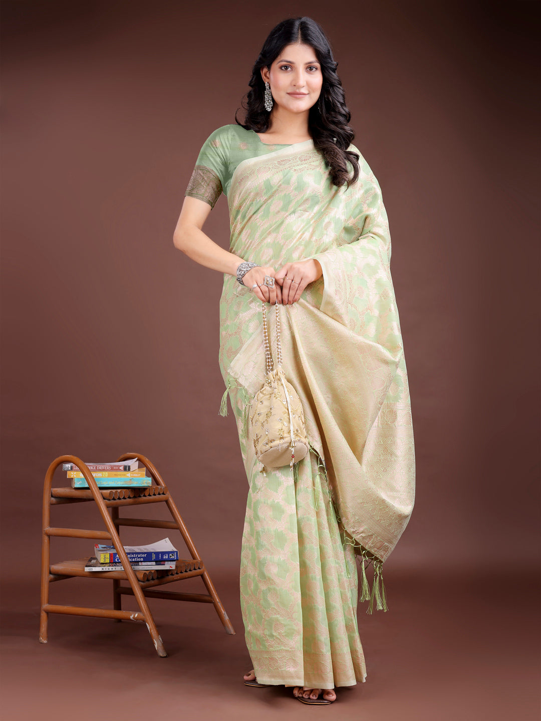 Shree Shyam Fashion Light Green Linen Cotton Woven Zari Work Traditional Tassel Saree | Grocsy