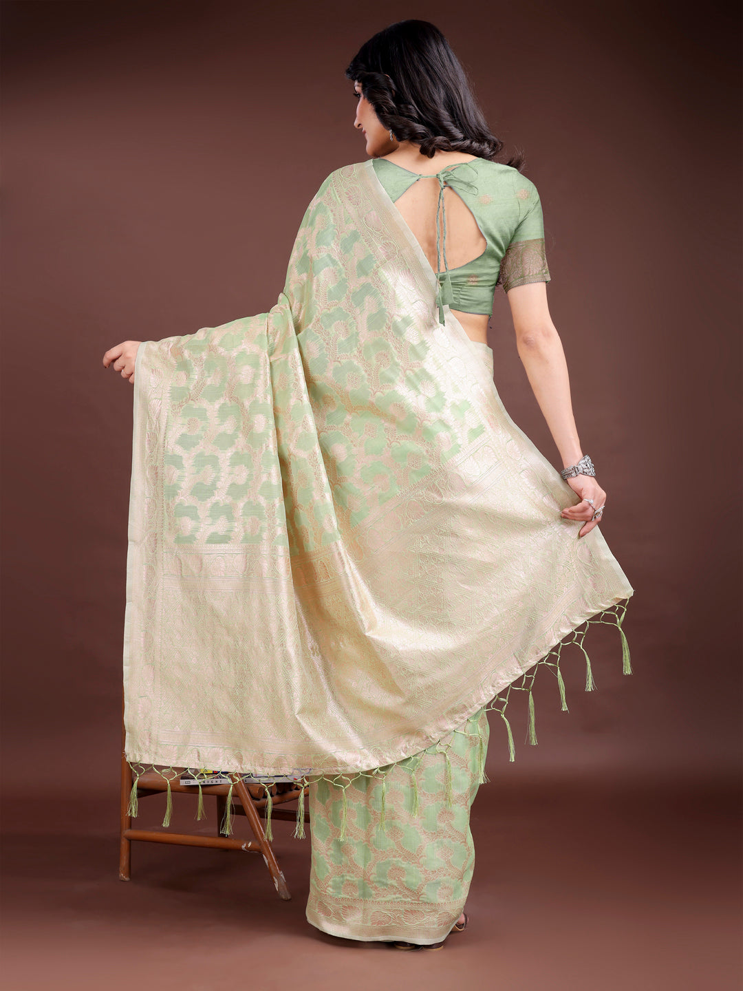 Shree Shyam Fashion Light Green Linen Cotton Woven Zari Work Traditional Tassel Saree | Grocsy