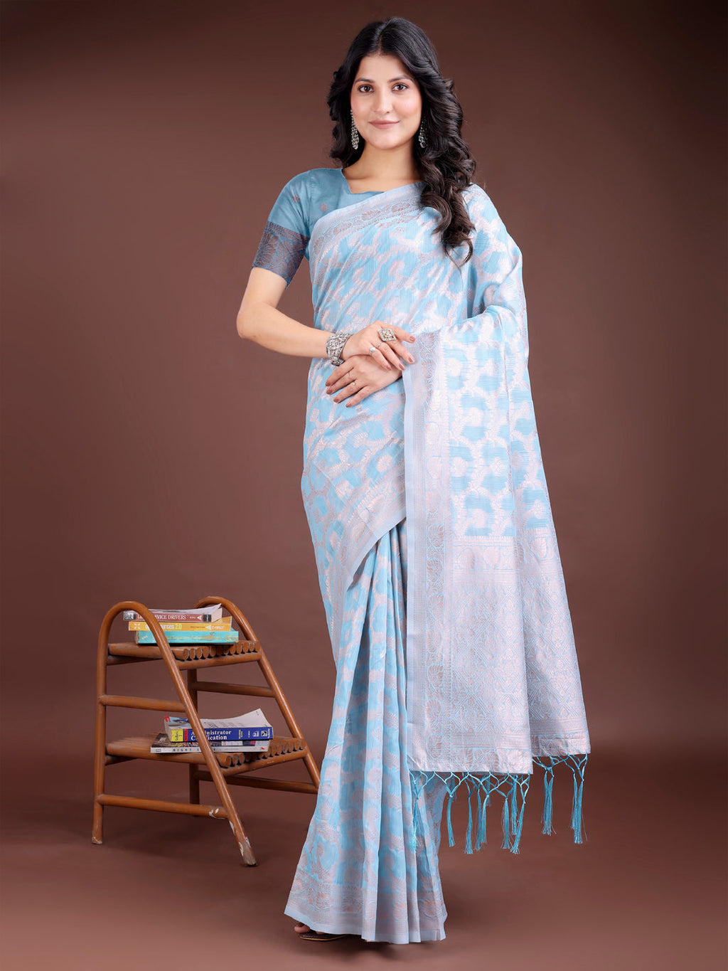 Shree Shyam Fashion Sky Blue Linen Cotton Woven Zari Work Traditional Tassel Saree | Grocsy