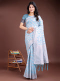Shree Shyam Fashion Sky Blue Linen Cotton Woven Zari Work Traditional Tassel Saree | Grocsy