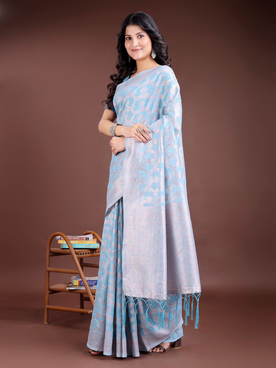 Shree Shyam Fashion Sky Blue Linen Cotton Woven Zari Work Traditional Tassel Saree | Grocsy