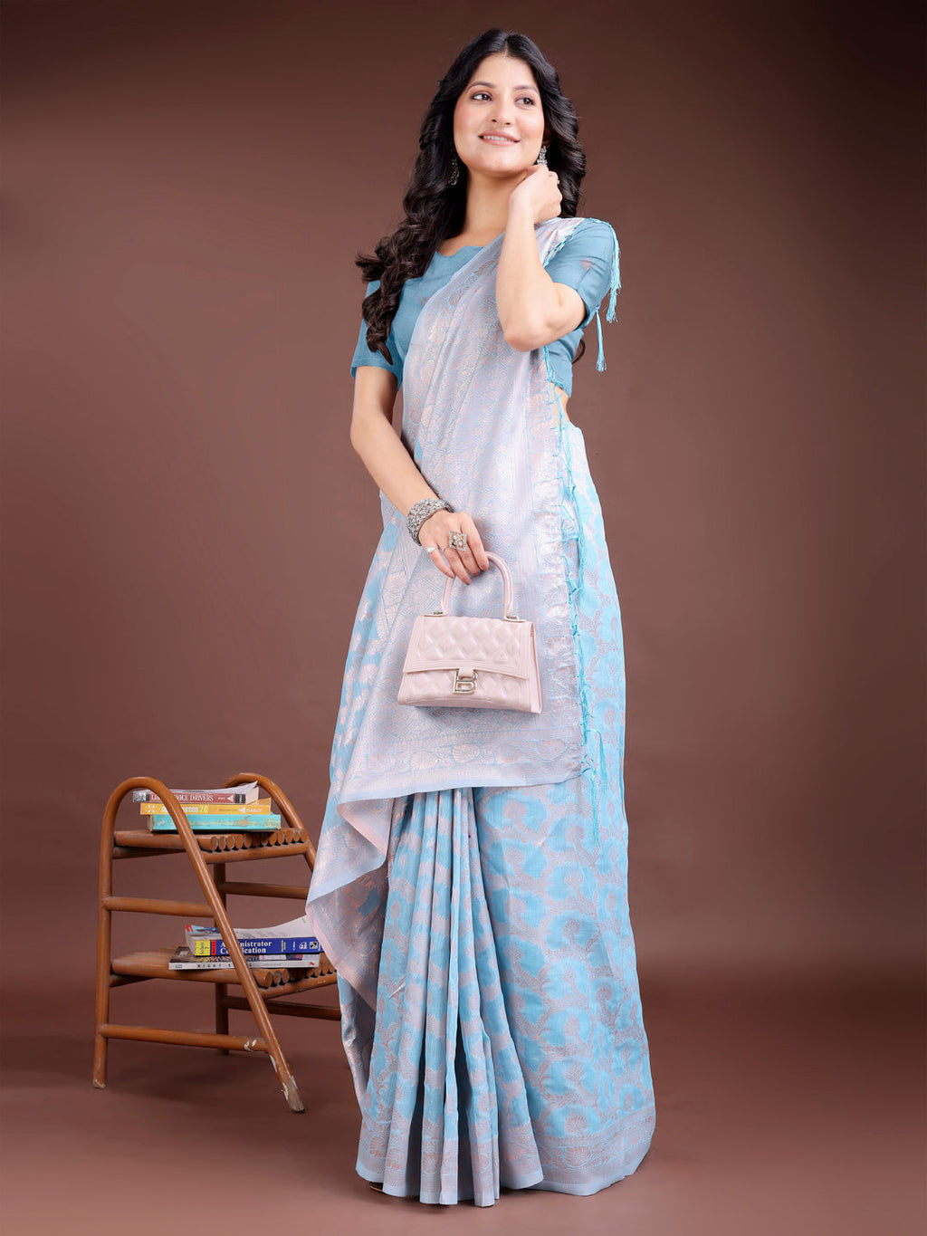Shree Shyam Fashion Sky Blue Linen Cotton Woven Zari Work Traditional Tassel Saree | Grocsy