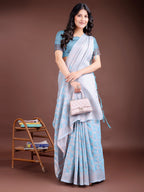 Shree Shyam Fashion Sky Blue Linen Cotton Woven Zari Work Traditional Tassel Saree | Grocsy