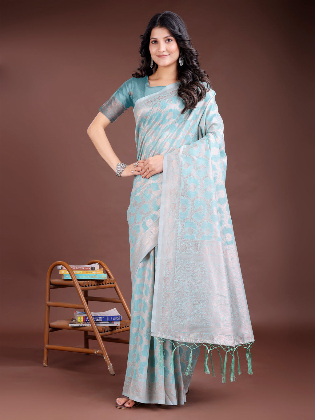Shree Shyam Fashion Sea Green Linen Cotton Woven Zari Work Traditional Tassel Saree | Grocsy