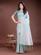 Shree Shyam Fashion Sea Green Linen Cotton Woven Zari Work Traditional Tassel Saree | Grocsy