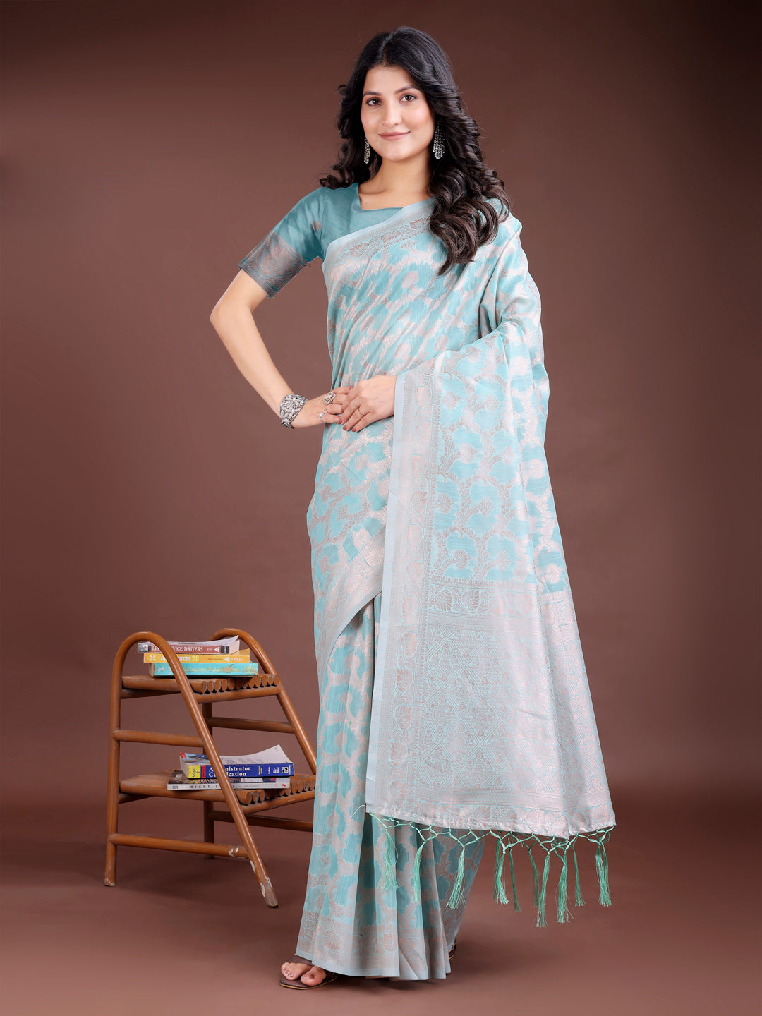Shree Shyam Fashion Sea Green Linen Cotton Woven Zari Work Traditional Tassel Saree | Grocsy