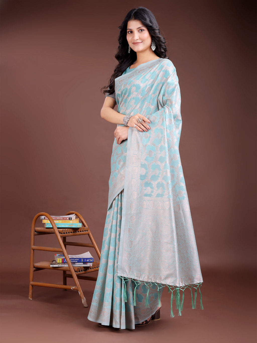 Shree Shyam Fashion Sea Green Linen Cotton Woven Zari Work Traditional Tassel Saree | Grocsy