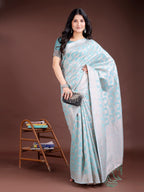 Shree Shyam Fashion Sea Green Linen Cotton Woven Zari Work Traditional Tassel Saree | Grocsy