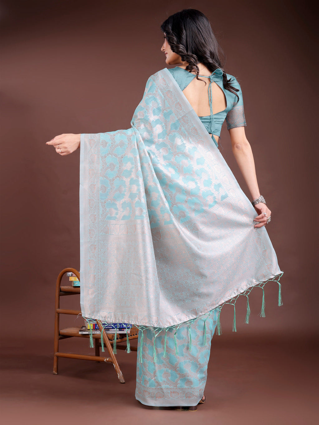 Shree Shyam Fashion Sea Green Linen Cotton Woven Zari Work Traditional Tassel Saree | Grocsy