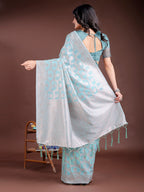 Shree Shyam Fashion Sea Green Linen Cotton Woven Zari Work Traditional Tassel Saree | Grocsy