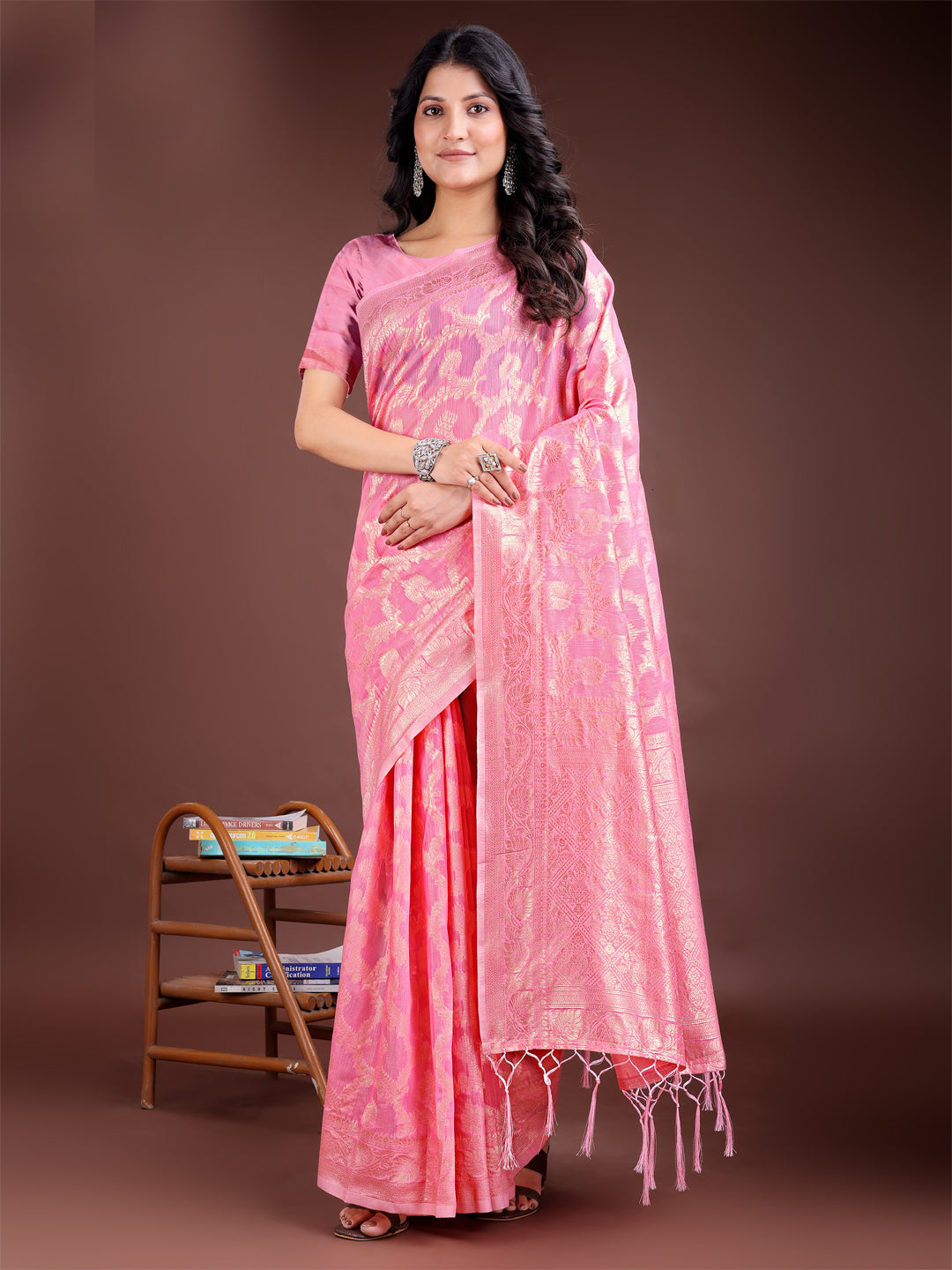 Shree Shyam Fashion Pink Linen Cotton Woven Zari Work Traditional Tassel Saree | Grocsy