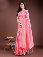 Shree Shyam Fashion Pink Linen Cotton Woven Zari Work Traditional Tassel Saree | Grocsy