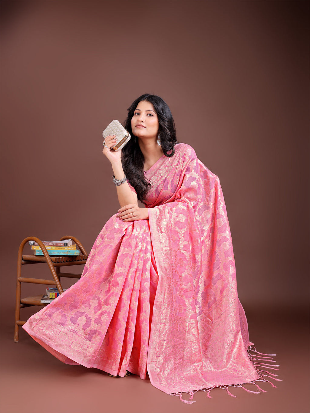 Shree Shyam Fashion Pink Linen Cotton Woven Zari Work Traditional Tassel Saree | Grocsy
