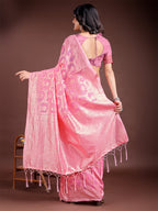 Shree Shyam Fashion Pink Linen Cotton Woven Zari Work Traditional Tassel Saree | Grocsy