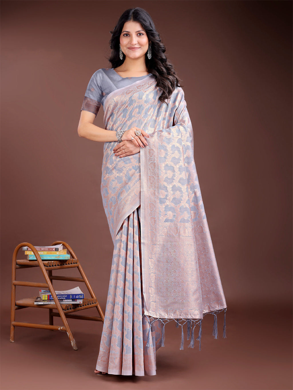 Shree Shyam Fashion Grey Linen Cotton Woven Zari Work Traditional Tassel Saree | Grocsy