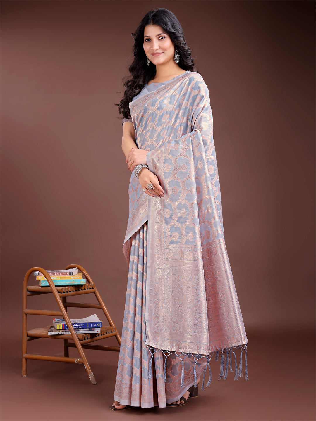 Shree Shyam Fashion Grey Linen Cotton Woven Zari Work Traditional Tassel Saree | Grocsy