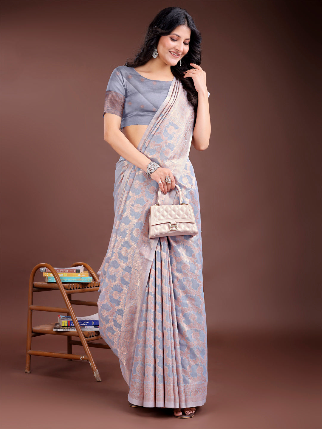 Shree Shyam Fashion Grey Linen Cotton Woven Zari Work Traditional Tassel Saree | Grocsy