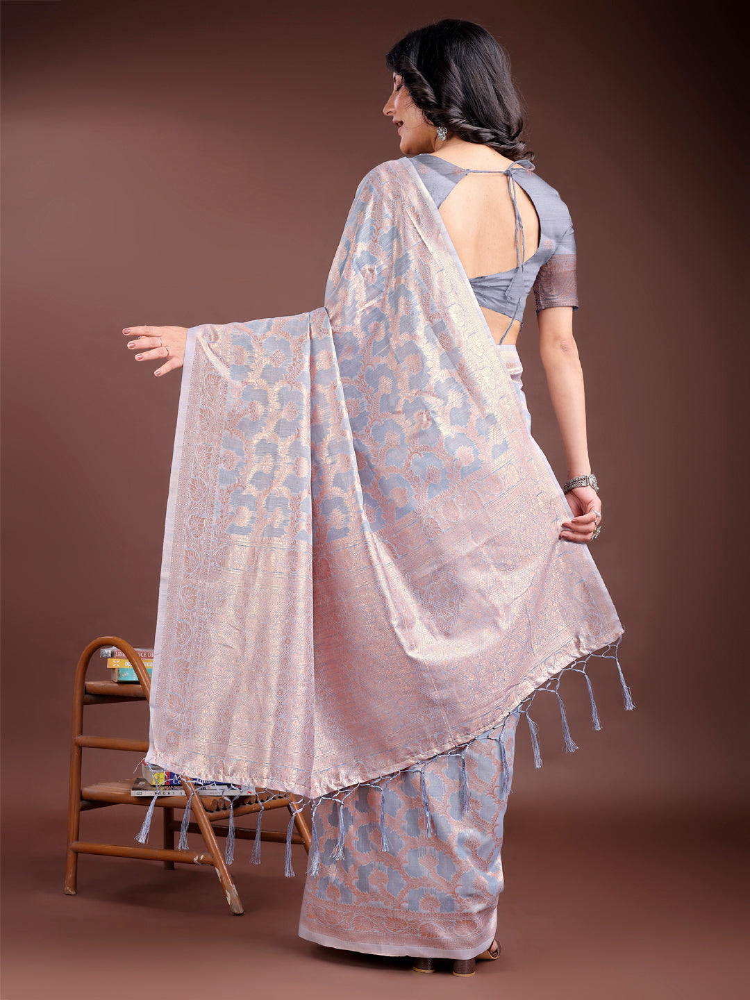 Shree Shyam Fashion Grey Linen Cotton Woven Zari Work Traditional Tassel Saree | Grocsy