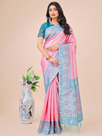 Shree Shyam Fashion Premium Pink & Sky Blue Floral Woven Lichi Silk Saree with Rich Pallu & Tassels - Festive & Party Wear for Women | Grocsy