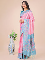 Shree Shyam Fashion Premium Pink & Sky Blue Floral Woven Lichi Silk Saree with Rich Pallu & Tassels - Festive & Party Wear for Women | Grocsy