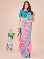 Shree Shyam Fashion Premium Pink & Sky Blue Floral Woven Lichi Silk Saree with Rich Pallu & Tassels - Festive & Party Wear for Women | Grocsy