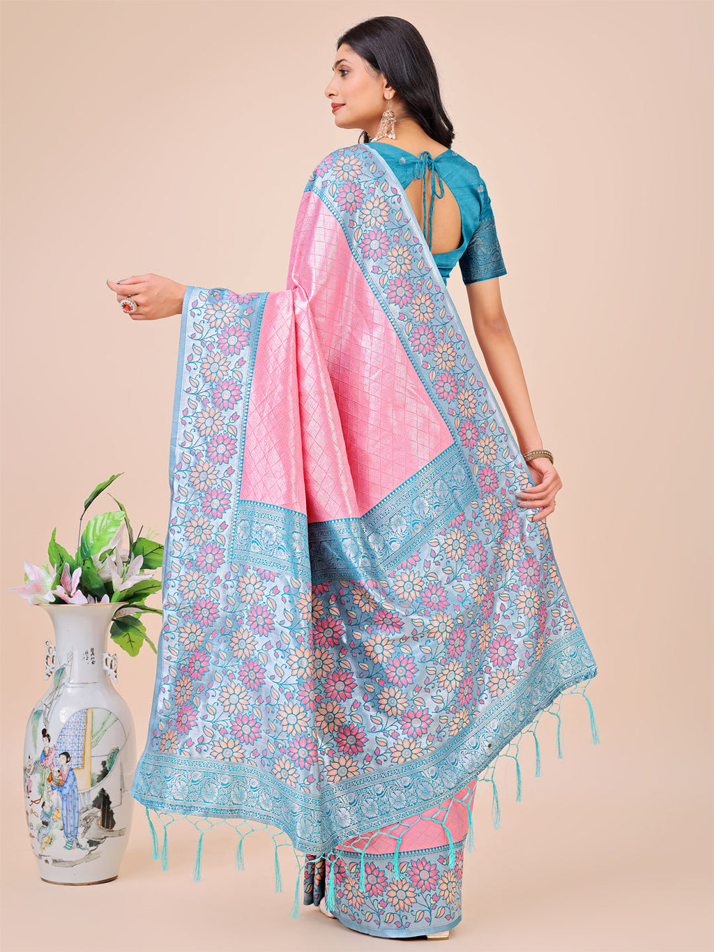 Shree Shyam Fashion Premium Pink & Sky Blue Floral Woven Lichi Silk Saree with Rich Pallu & Tassels - Festive & Party Wear for Women | Grocsy