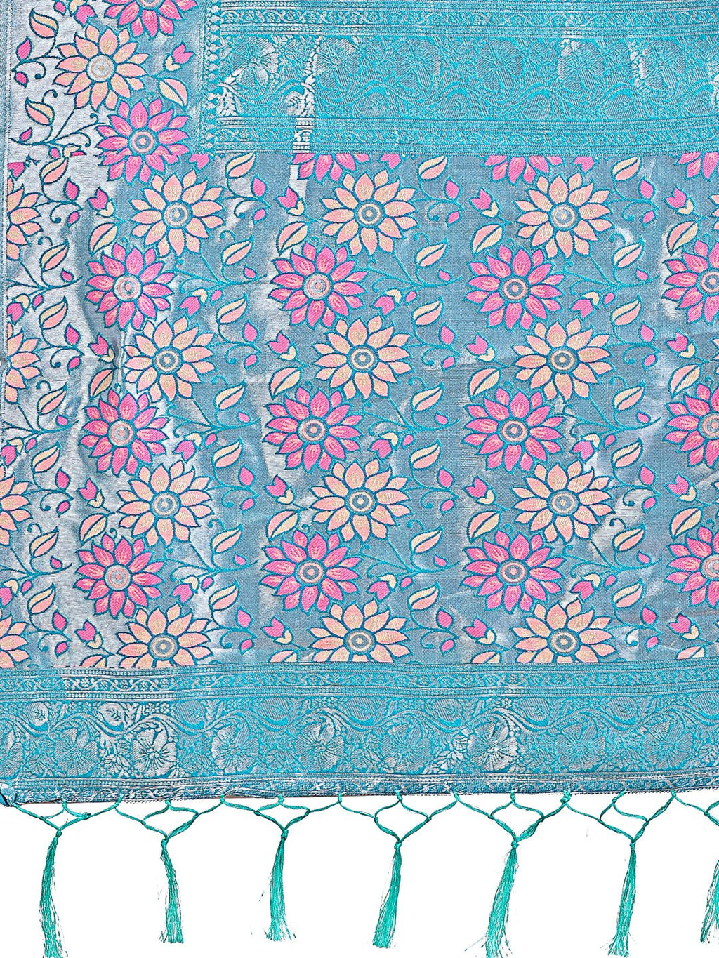 Shree Shyam Fashion Premium Pink & Sky Blue Floral Woven Lichi Silk Saree with Rich Pallu & Tassels - Festive & Party Wear for Women | Grocsy