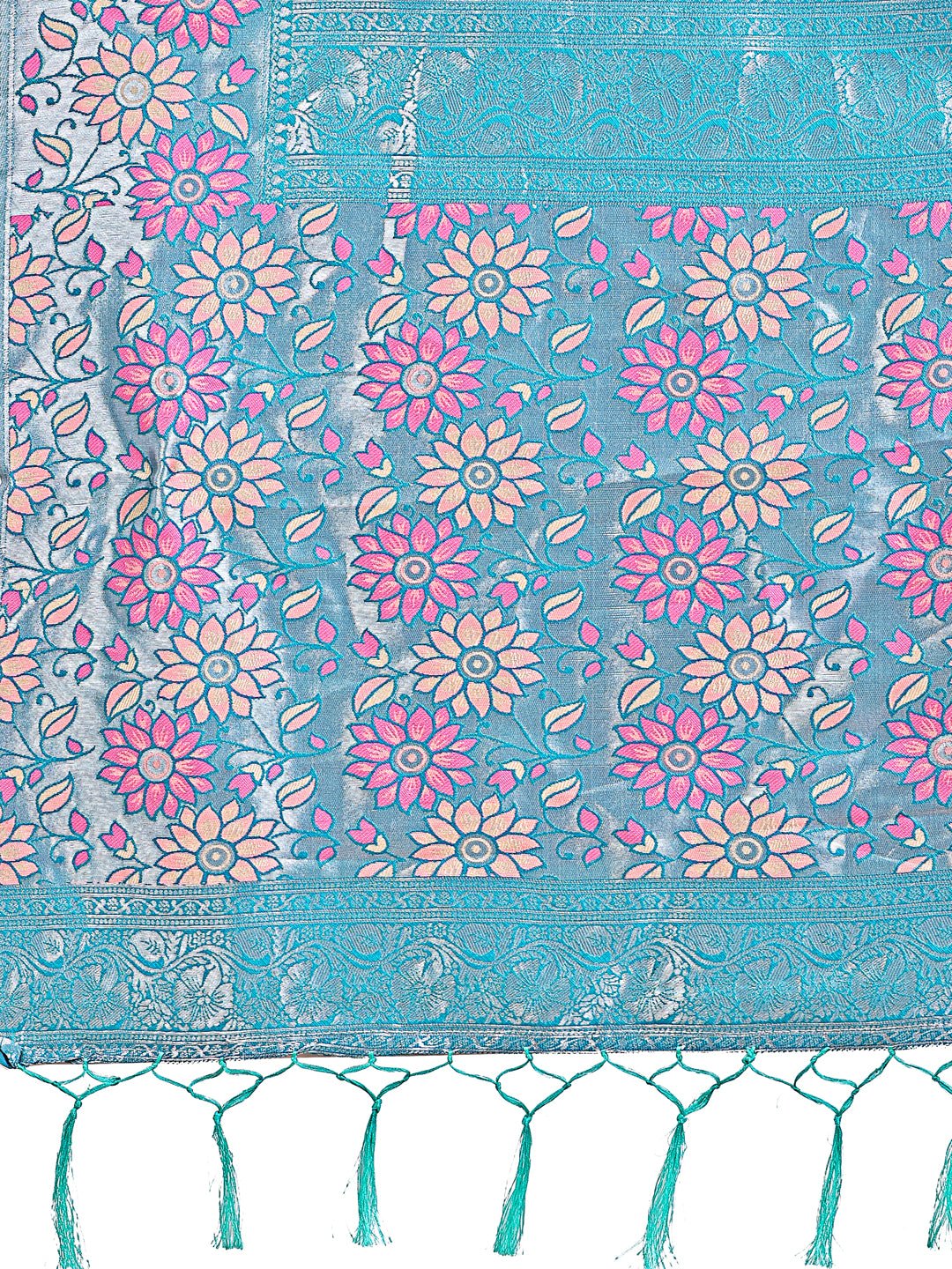 Shree Shyam Fashion Premium Pink & Sky Blue Floral Woven Lichi Silk Saree with Rich Pallu & Tassels - Festive & Party Wear for Women | Grocsy
