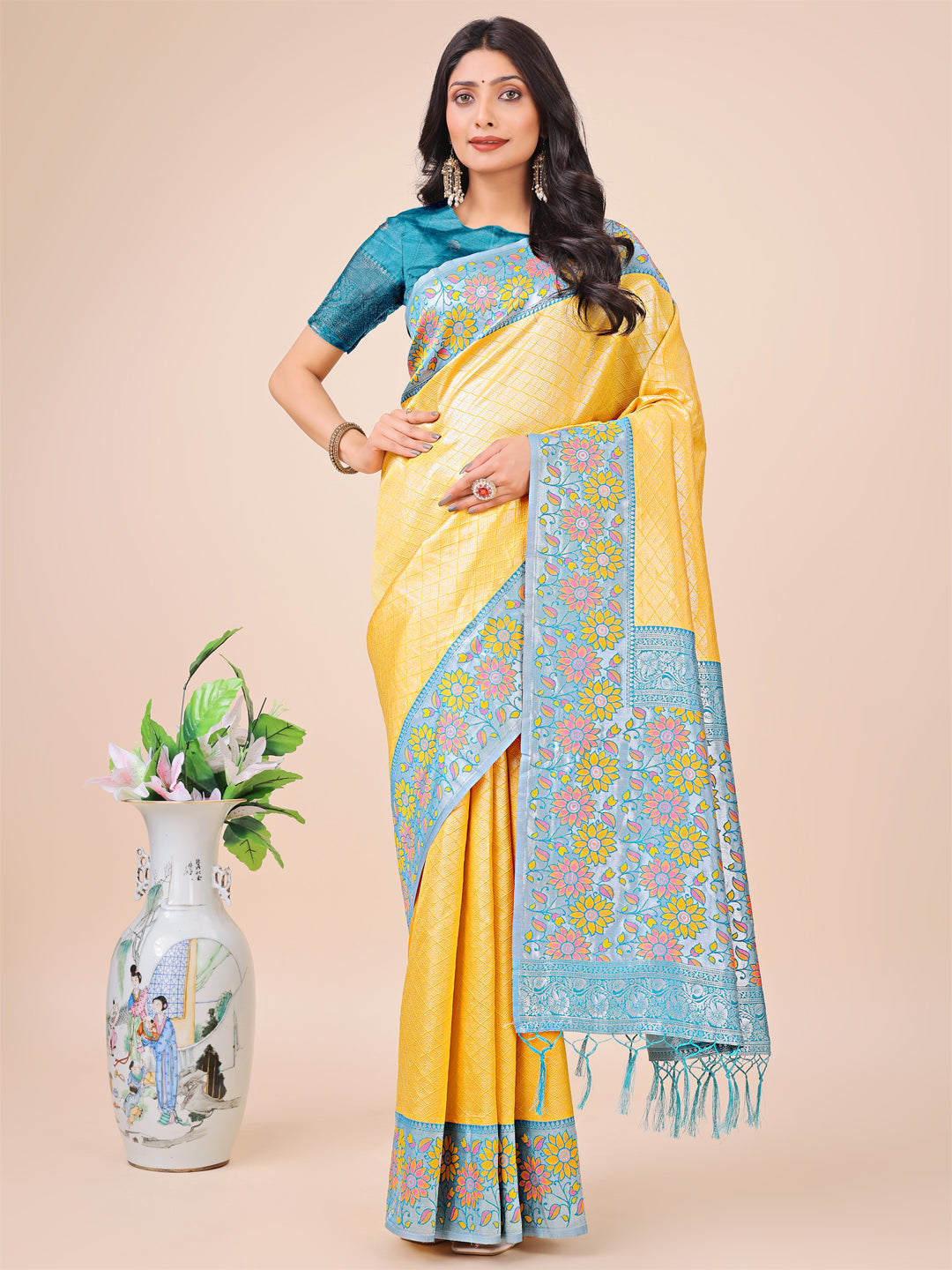 Shree Shyam Fashion Premium Yellow & Sky Blue Floral Woven Lichi Silk Saree with Rich Pallu & Tassels - Festive & Party Wear for Women | Grocsy